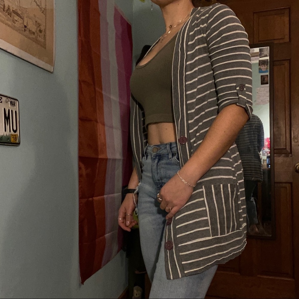 Lilly Lou grey & white striped cardigan size small